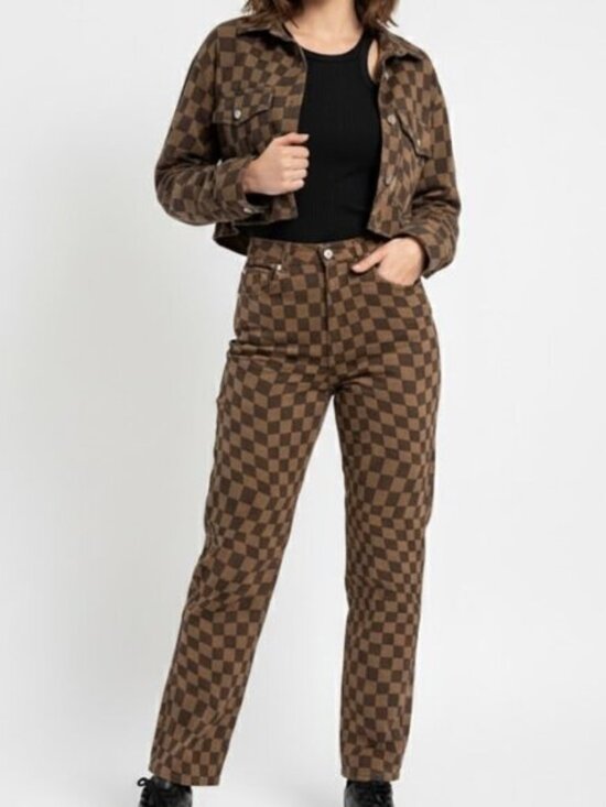 DIVIDED H&M Brown Checkerboard Women's High Waisted Jeans Size 10 - Picture 1 of 16